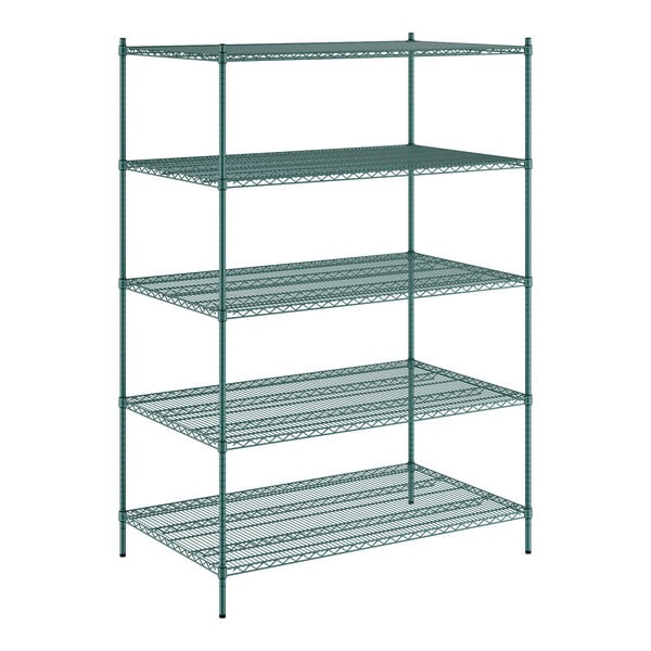 A green metal wire shelving unit with five shelves.