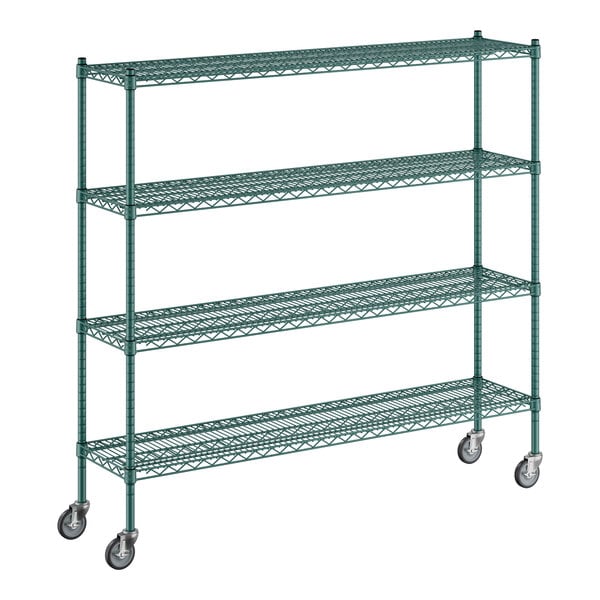 A green metal Regency wire shelving unit with four wheels.