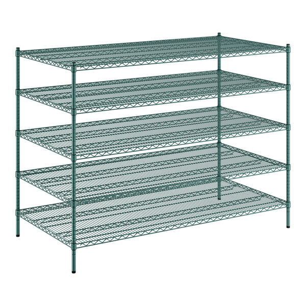 A Regency green wire shelving unit with five shelves.