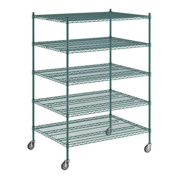 A Regency green wire shelving unit with five shelves.