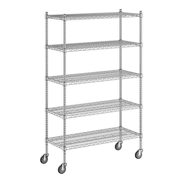 A wireframe of a Regency chrome mobile wire shelving unit with wheels.