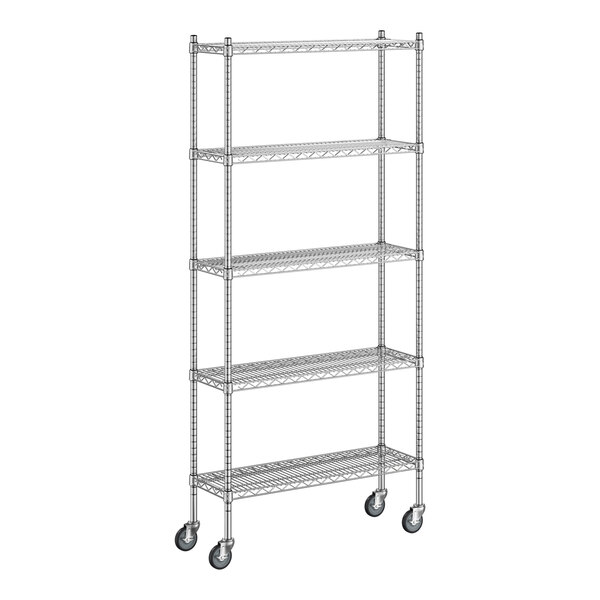 A Regency stainless steel wire shelving unit with wheels.