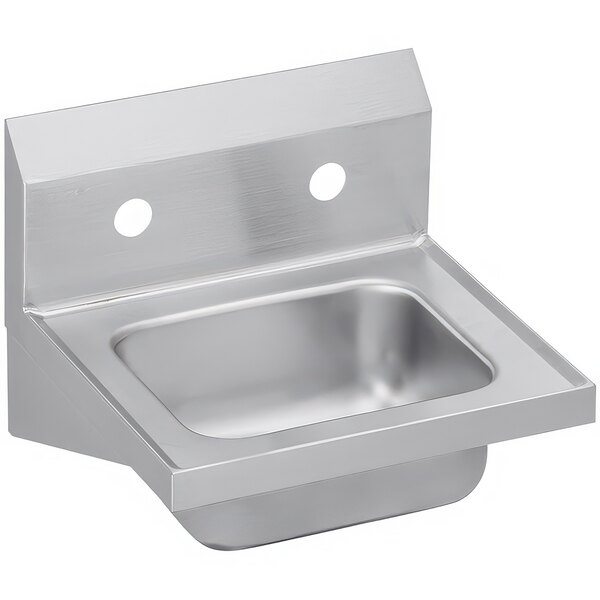 A silver stainless steel Zurn Elkay wall mounted hand sink with two holes.