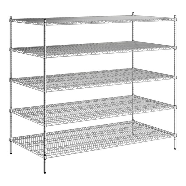 A white wireframe of a Regency metal shelving unit with four shelves.