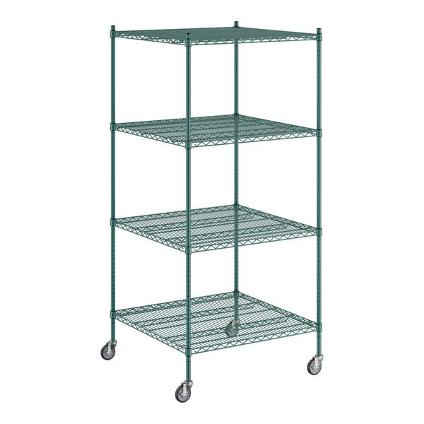 A Regency green wire shelving unit with wheels.