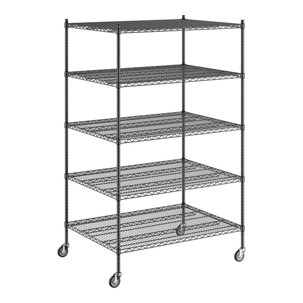 A Regency black wire shelving unit with wheels and four shelves.