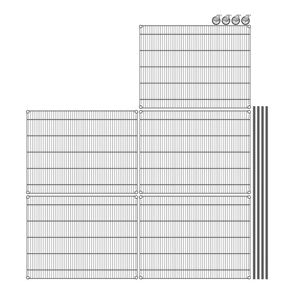 A white grid of black wire shelves with 5 shelves.