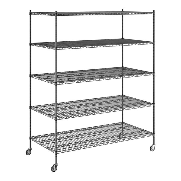 A Regency black wire shelving unit with five shelves.