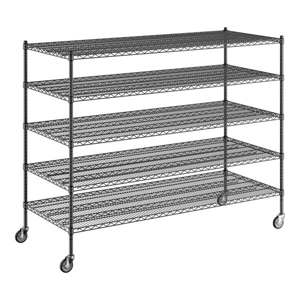 A black wire Regency shelving unit on wheels.