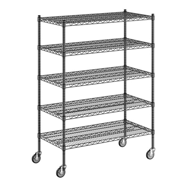 A black wire Regency shelving unit with wheels.