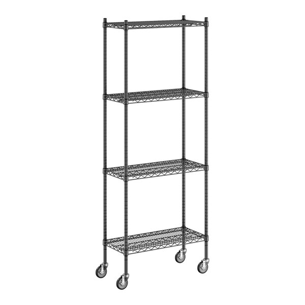 A Regency black wire shelving unit with wheels.