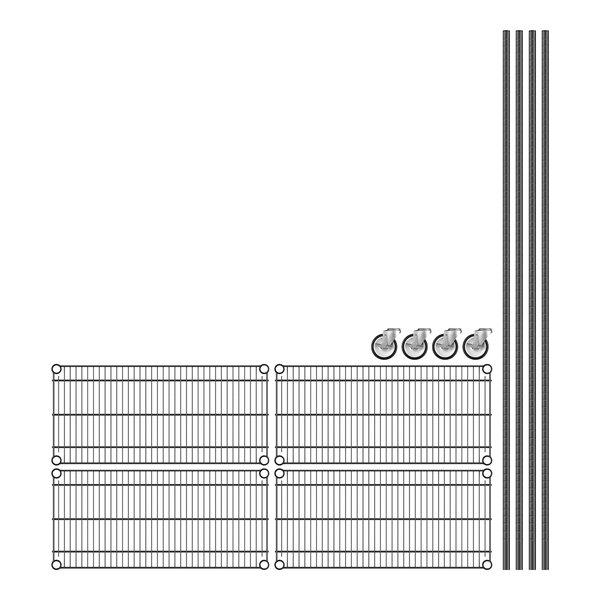 A Regency black wire shelving unit with four shelves.
