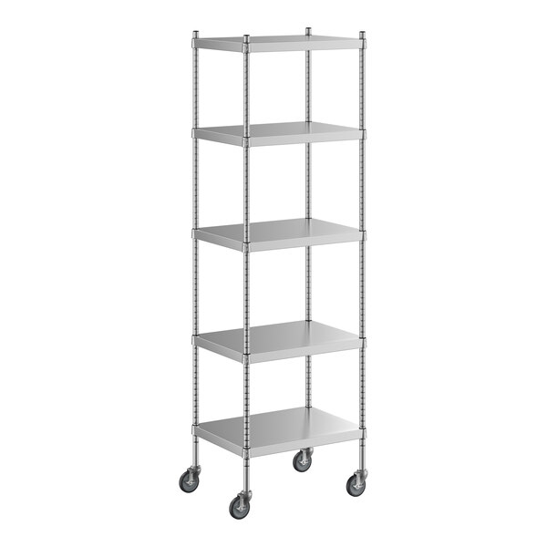 A Regency stainless steel shelving unit on wheels with 5 shelves.