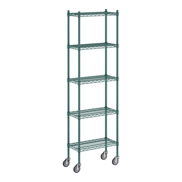 A green Regency wire shelving unit with wheels.