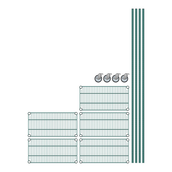 A Regency green and white wire shelving unit with 5 shelves.