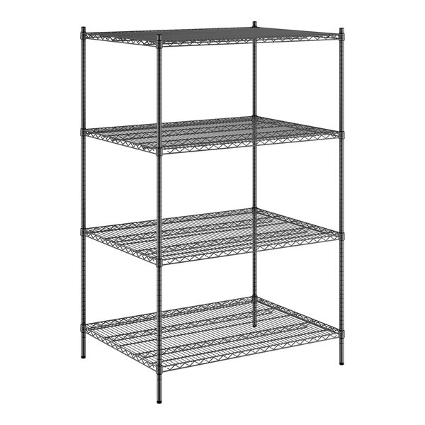 A Regency black wire shelving unit with four shelves.