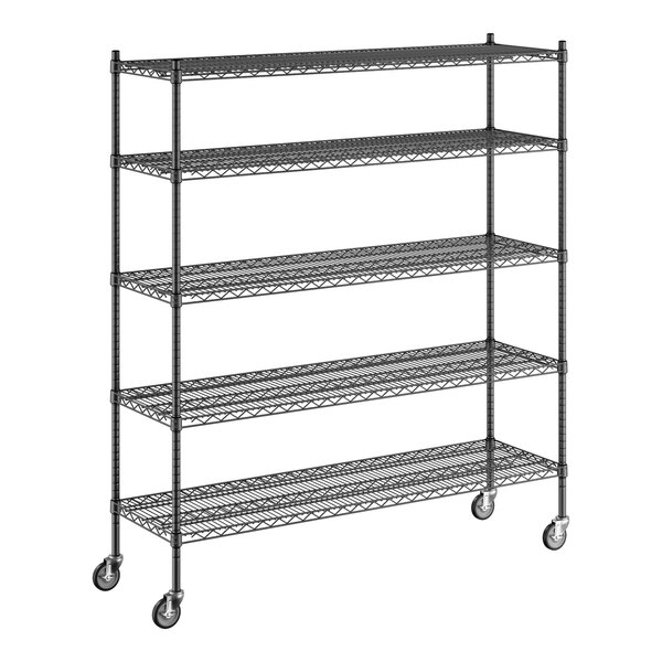 A black Regency mobile wire shelving unit with 5 shelves and wheels.