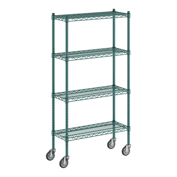 A Regency green wire shelving unit with wheels.