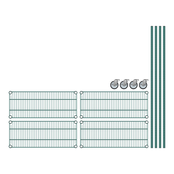 A Regency wire shelving unit with green epoxy-coated metal bars.
