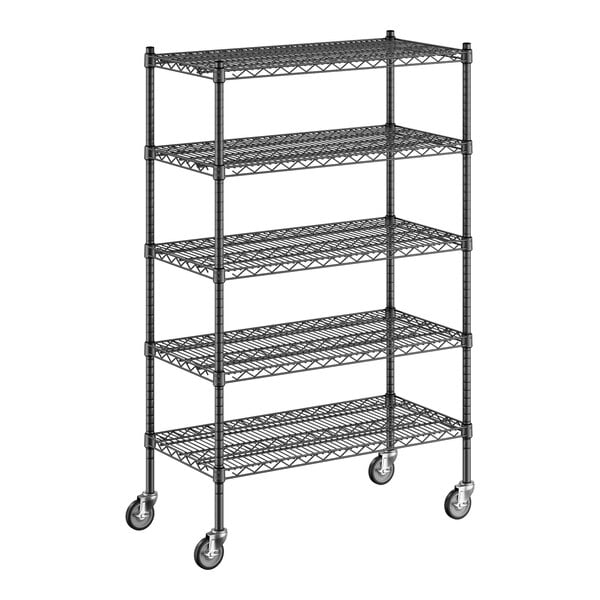 A black wire Regency shelving unit with wheels.