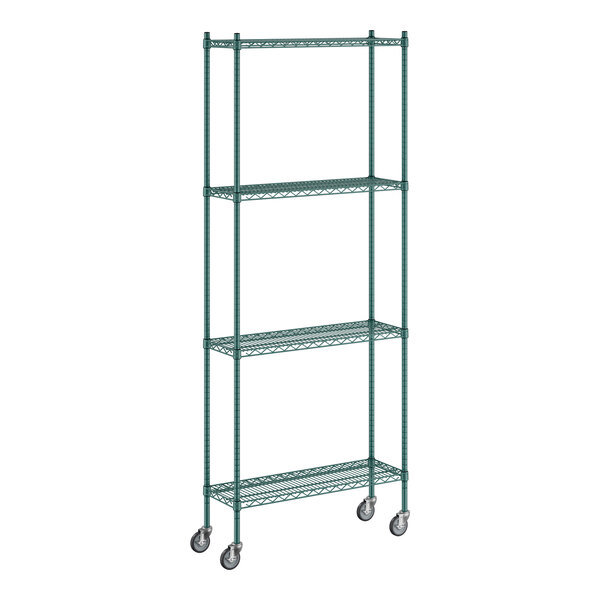 A Regency green wire shelving unit with wheels.