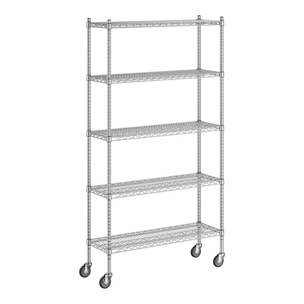 A Regency chrome wire shelving unit with wheels.