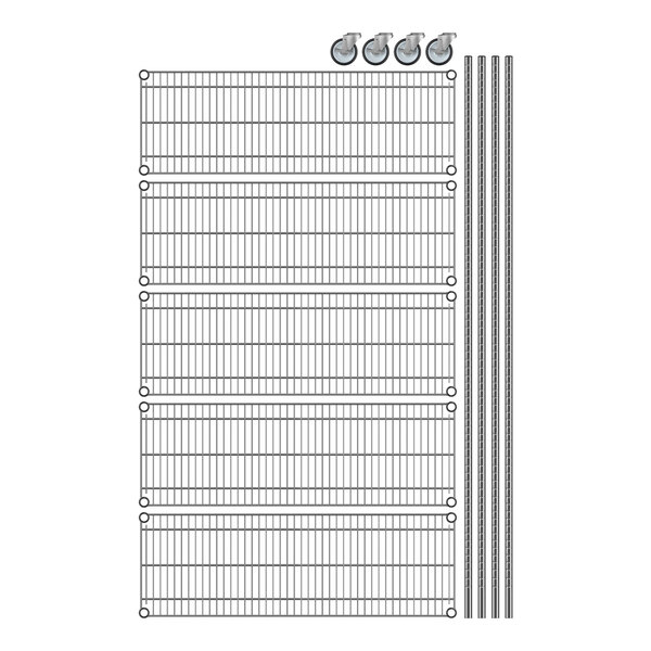 A diagram of a Regency wire shelving unit with wheels.
