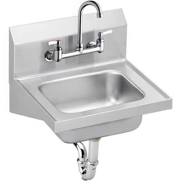 A Zurn stainless steel wall mounted utility sink with a gooseneck faucet and pipes.