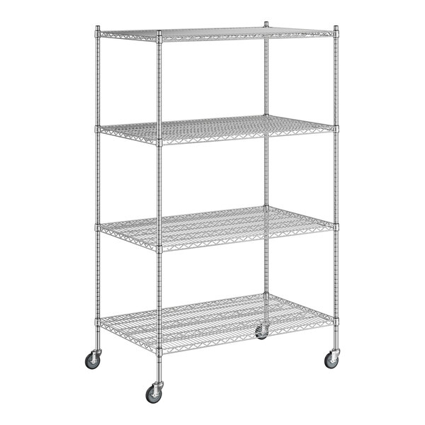 A Regency chrome wire shelving unit with wheels.