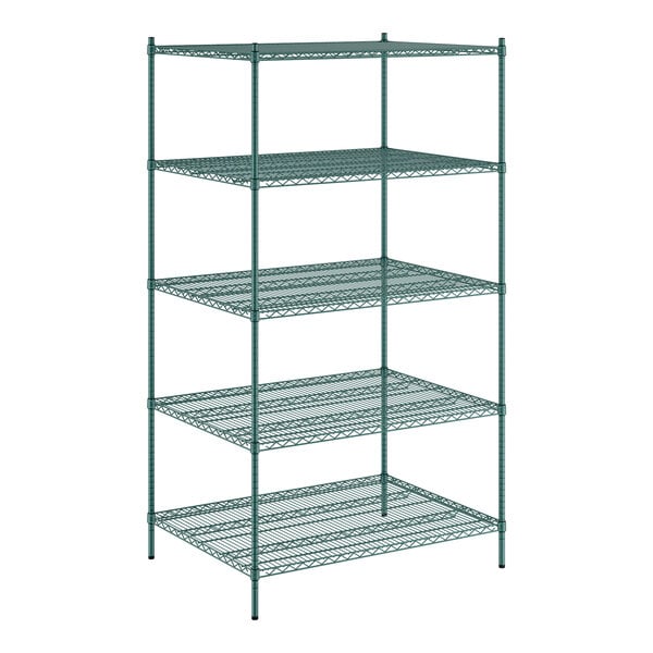 A Regency green wire shelving unit with five shelves.