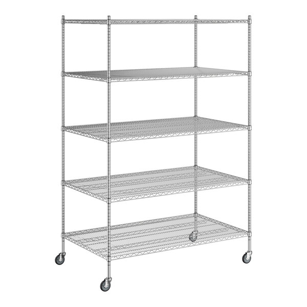 A wireframe of a Regency chrome mobile metal shelving unit with four shelves.