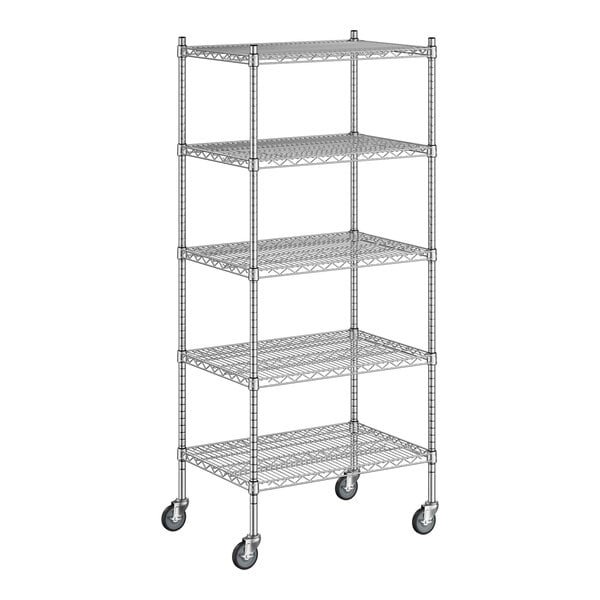 A white background with a wireframe of a Regency chrome wire shelving unit with four shelves.