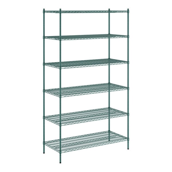 A green metal Regency wire shelving unit with six shelves.