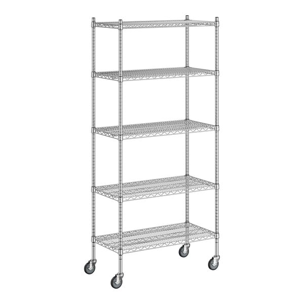 A Regency stainless steel wire shelving unit with five shelves.