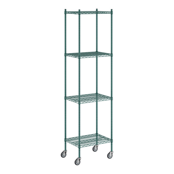 A green Regency wire shelving starter kit on wheels with 4 shelves.