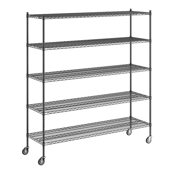 A Regency black wire shelving unit with wheels.