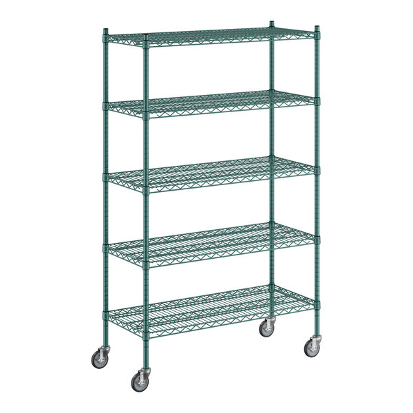 A green metal Regency wire shelving unit with wheels.