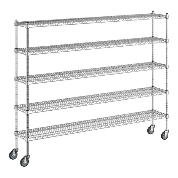 A Regency chrome wire shelving unit with four wheels.