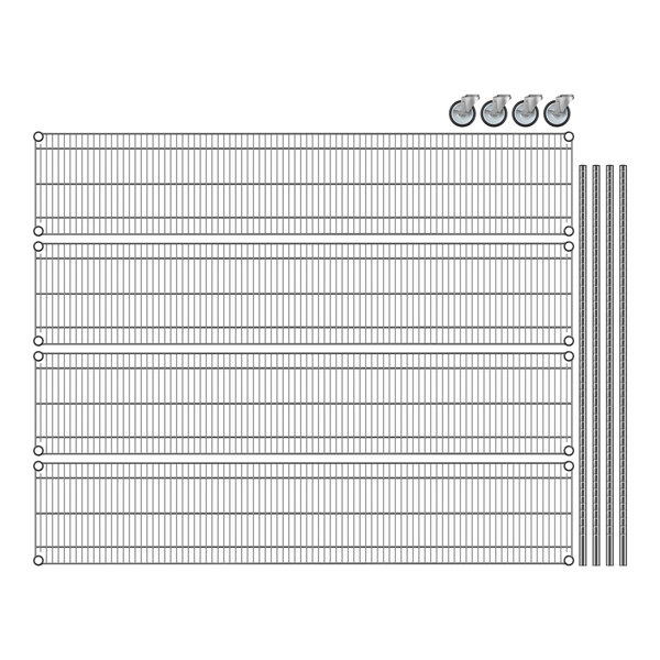 A Regency chrome mobile wire shelving rack with 4 shelves and wheels.
