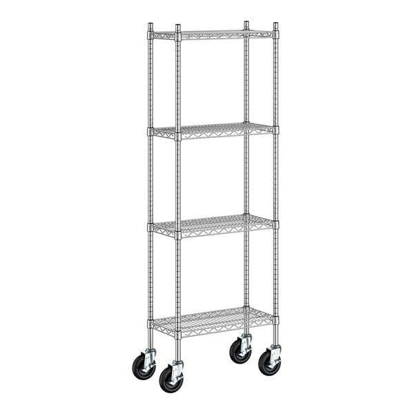 A Regency stainless steel wire mobile shelving starter kit with wheels.