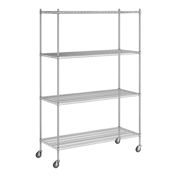 A Regency chrome wire shelving unit with wheels and four shelves.