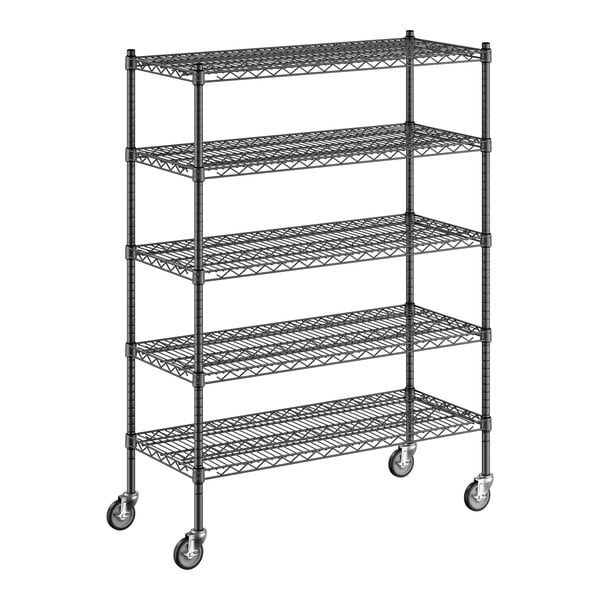 A black metal Regency wire shelving unit with wheels.