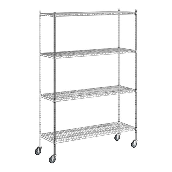 A Regency chrome mobile wire shelving unit with 4 shelves and wheels.