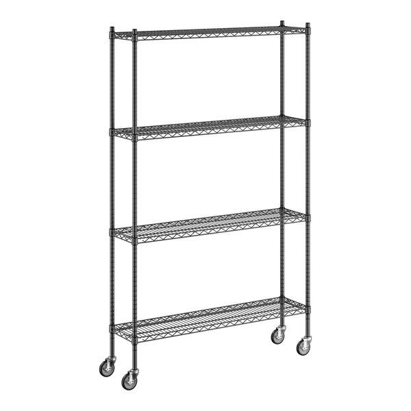 A Regency black wire shelving unit with wheels.