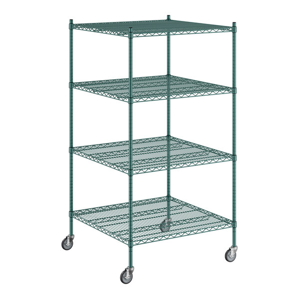 A Regency green wire shelving unit with wheels.