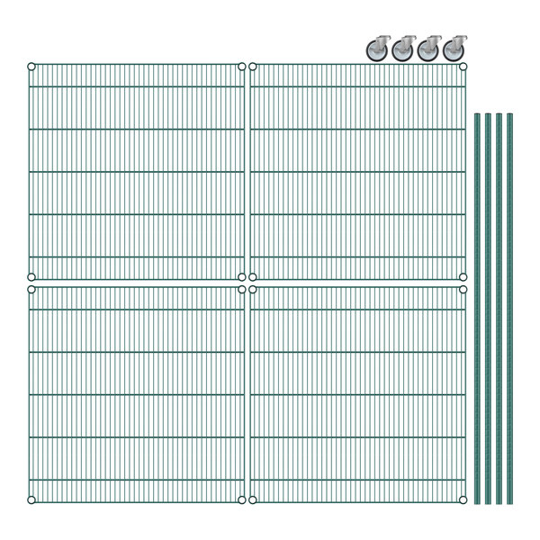 A Regency wire shelving unit with green epoxy-coated metal bars and wire grid shelves.