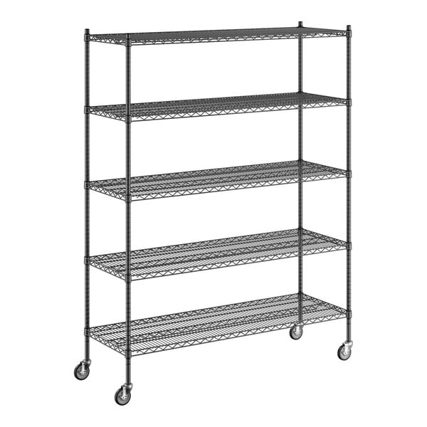 A black metal Regency wire shelving unit with wheels.