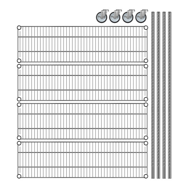 A Regency mobile wire shelving rack with wheels.