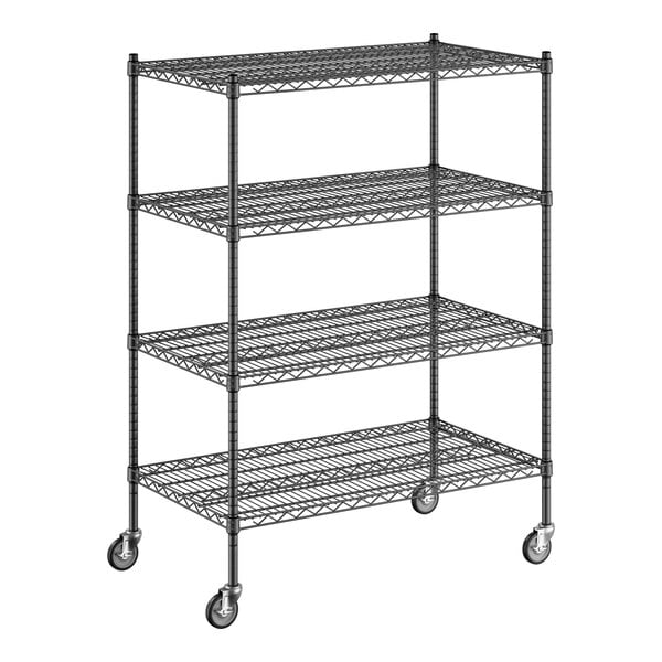 A Regency black wire shelving unit with wheels.