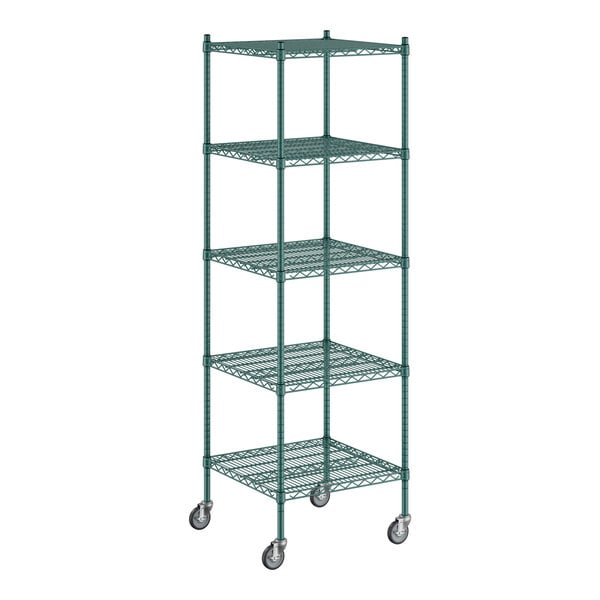 A Regency green wire shelving unit with wheels.